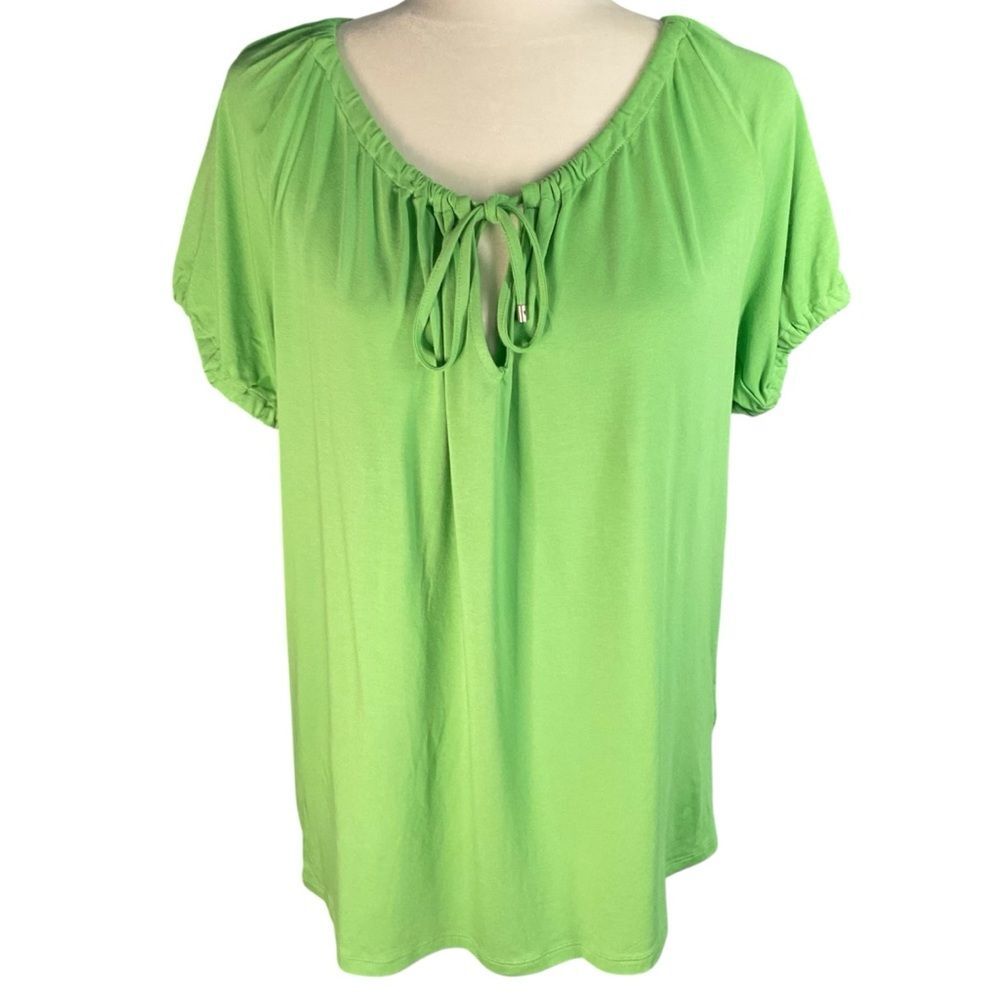 NWT Lauren Ralph Lauren Lime Green Elastic Gathered Neck Short Sleeve Top Sz L